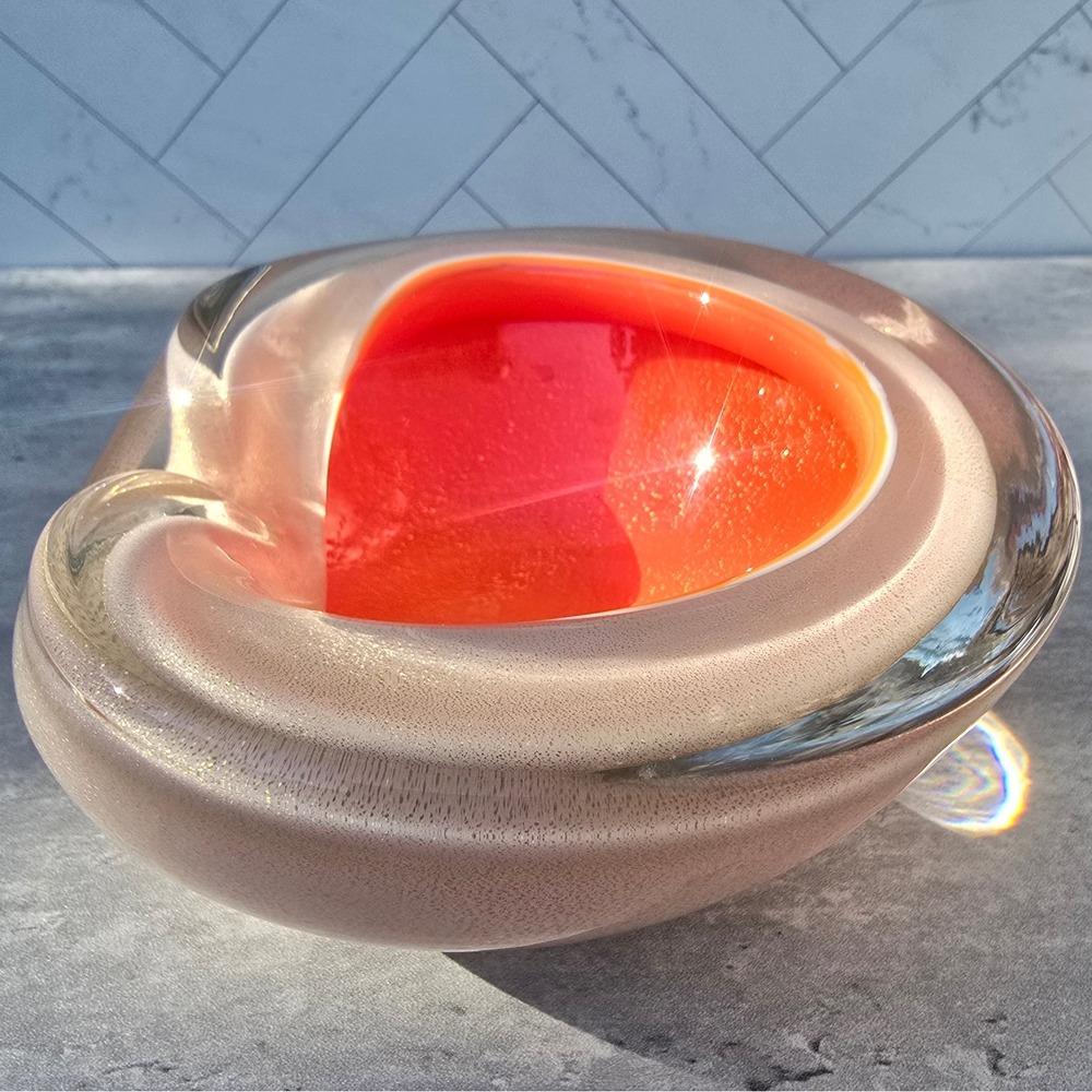 Vintage MCM Studio Art Glass Bowl Red Orange Gold Aventurine Flecked Freeform
